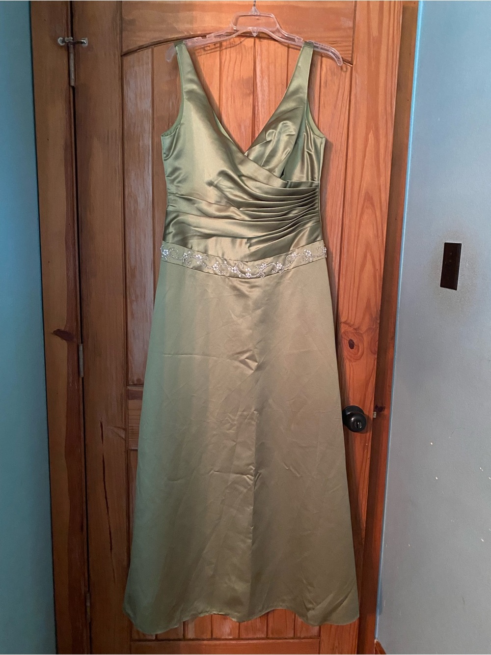 Impressions Moss Green Satin V-Neck Formal Dress with Beaded Waist
